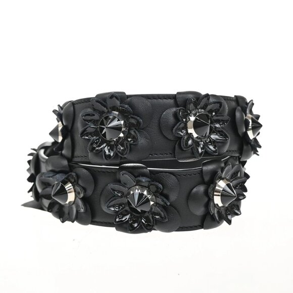 FENDI Logo Bag Shoulder Strap Flower Studs Leather Black SHW Italy 30YH453 - Picture 1 of 13